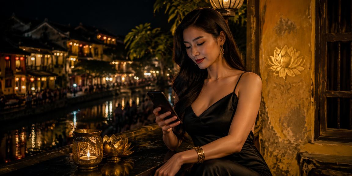 Người chơi Hội An sử dụng điện thoại để vào casino trực tuyến buổi tối